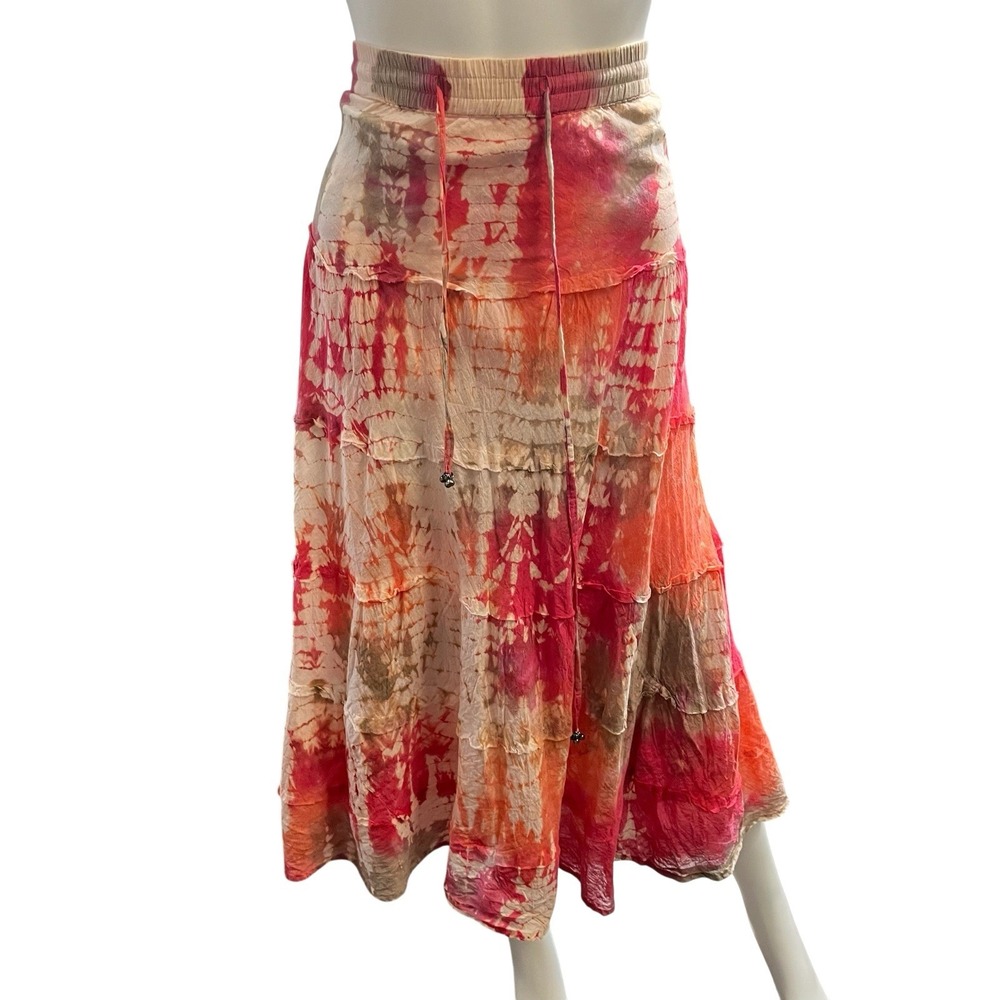 Pink Tie Dye Tiered Maxi Skirt Drawstring Waist L Peasant Boho Hippie Festival